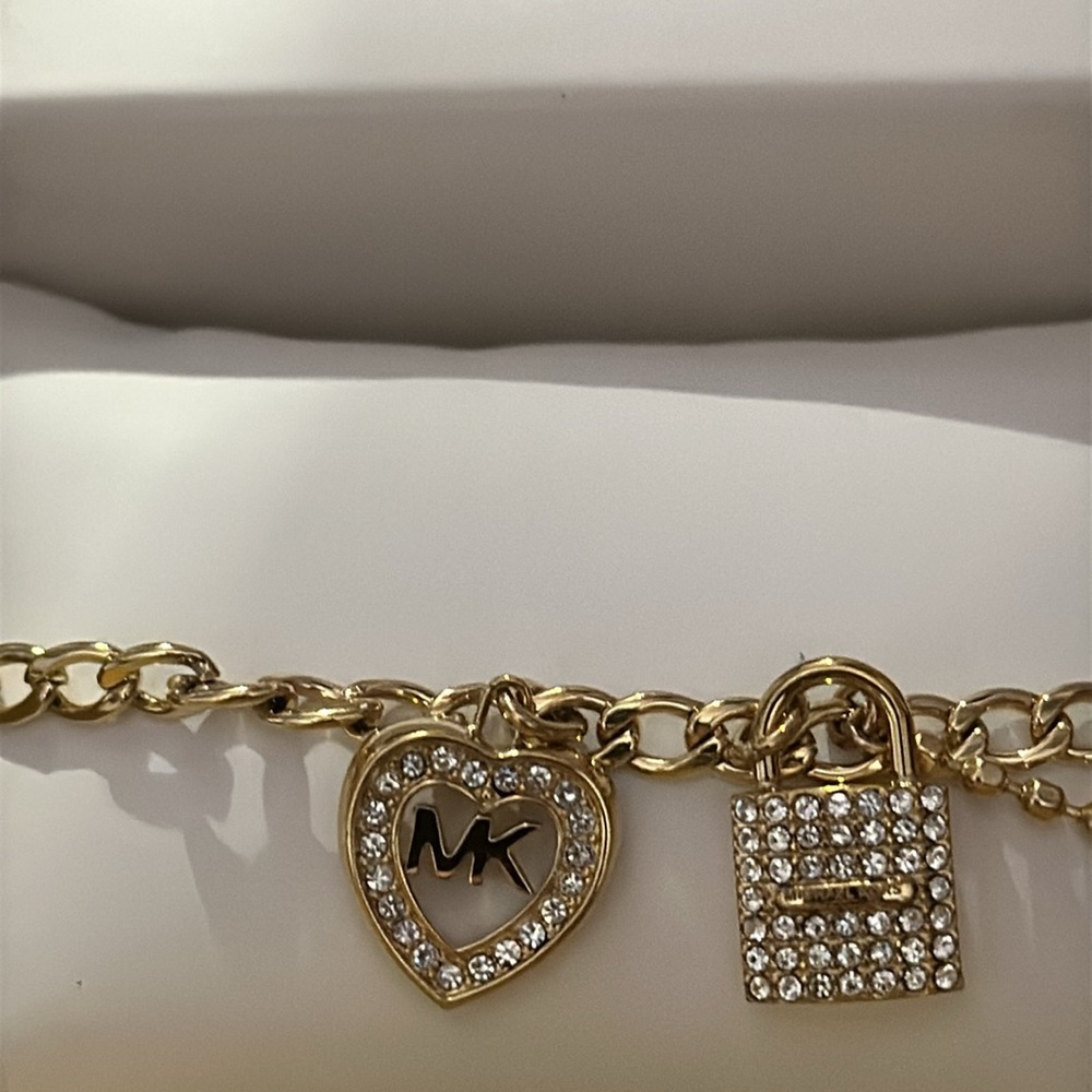 Michael Kors gold pave chain bracelet with heart and padlock charm. - Picture 2 of 4